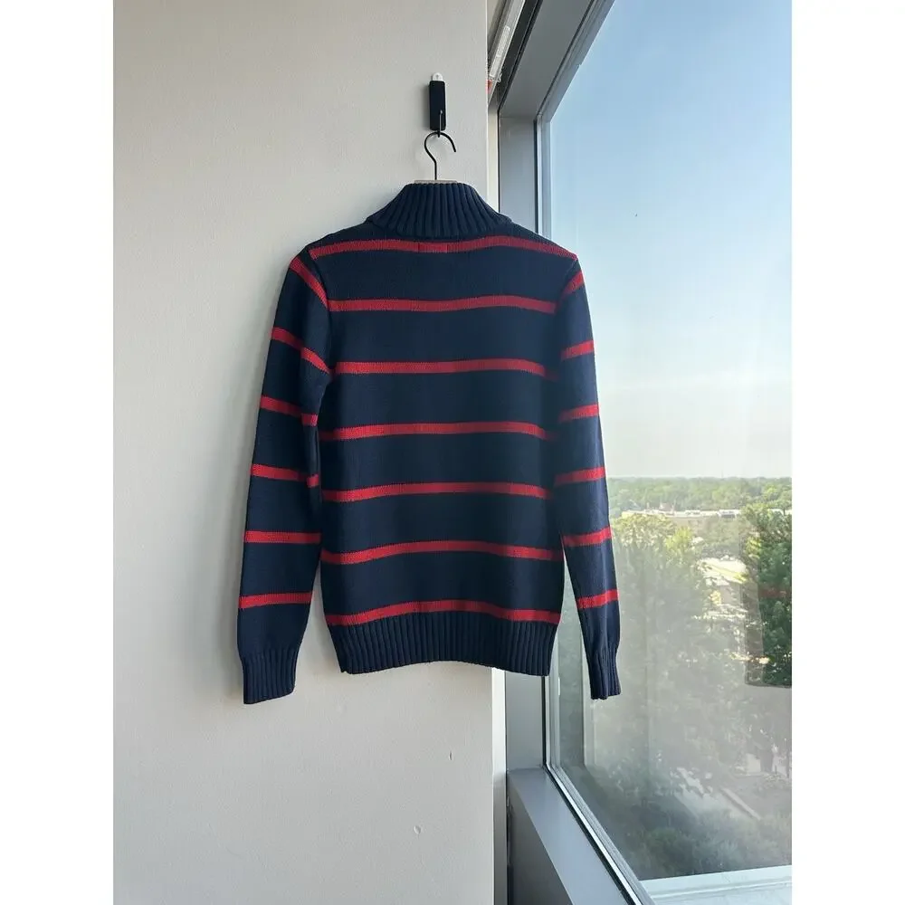 Polo Ralph Lauren Navy Red Striped Tight-Knit Mock Neck 1/4 Zip Sweater XL